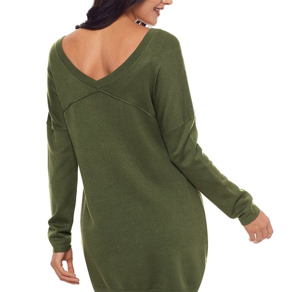 1 BRAND NEW Green Solid Color V Neck Loose Women Sweater - Picture 3 of 3